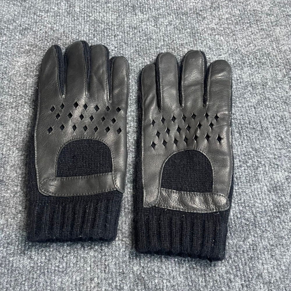 Mens Black Knit Gloves Leather Diamond Perforated Trim RN 50406 One Size